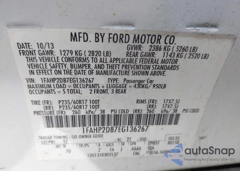 2014 Ford Taurus Se z USA, uszkodzony, nr VIN 1FAHP2D87EG136267